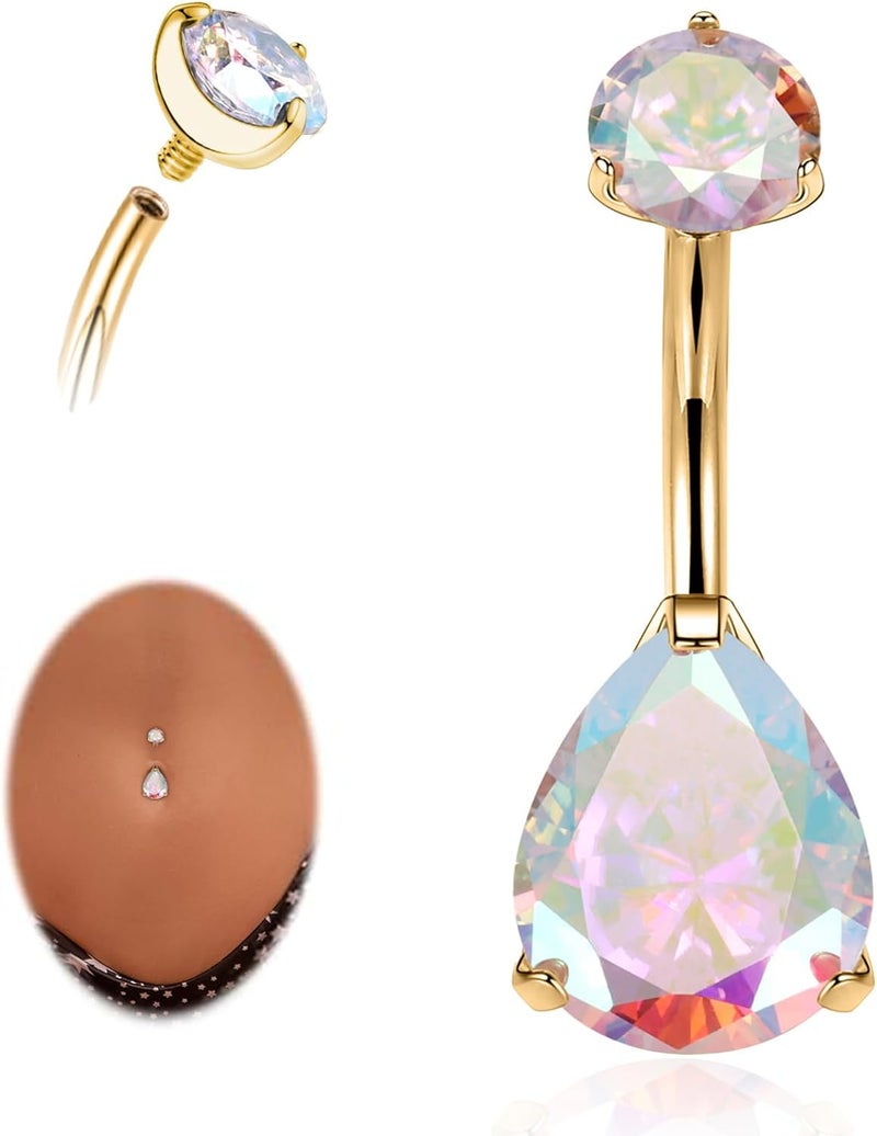 AROWRO Store Gold Belly Button Ring G23 Titanium Hypoallergenic 14G belly ring for Women Men Teardrop Navel Piercing Jewelry 10mm Barbell With Cubic Zircon - Image 1